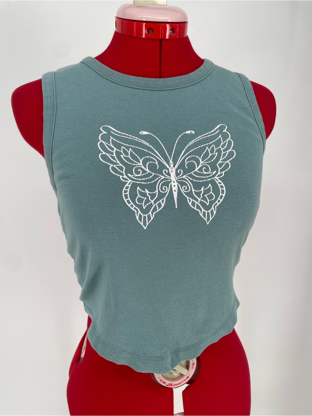Urban Outfitters Muted Blue Cropped Open Back Tank Top Butterfly Graphic